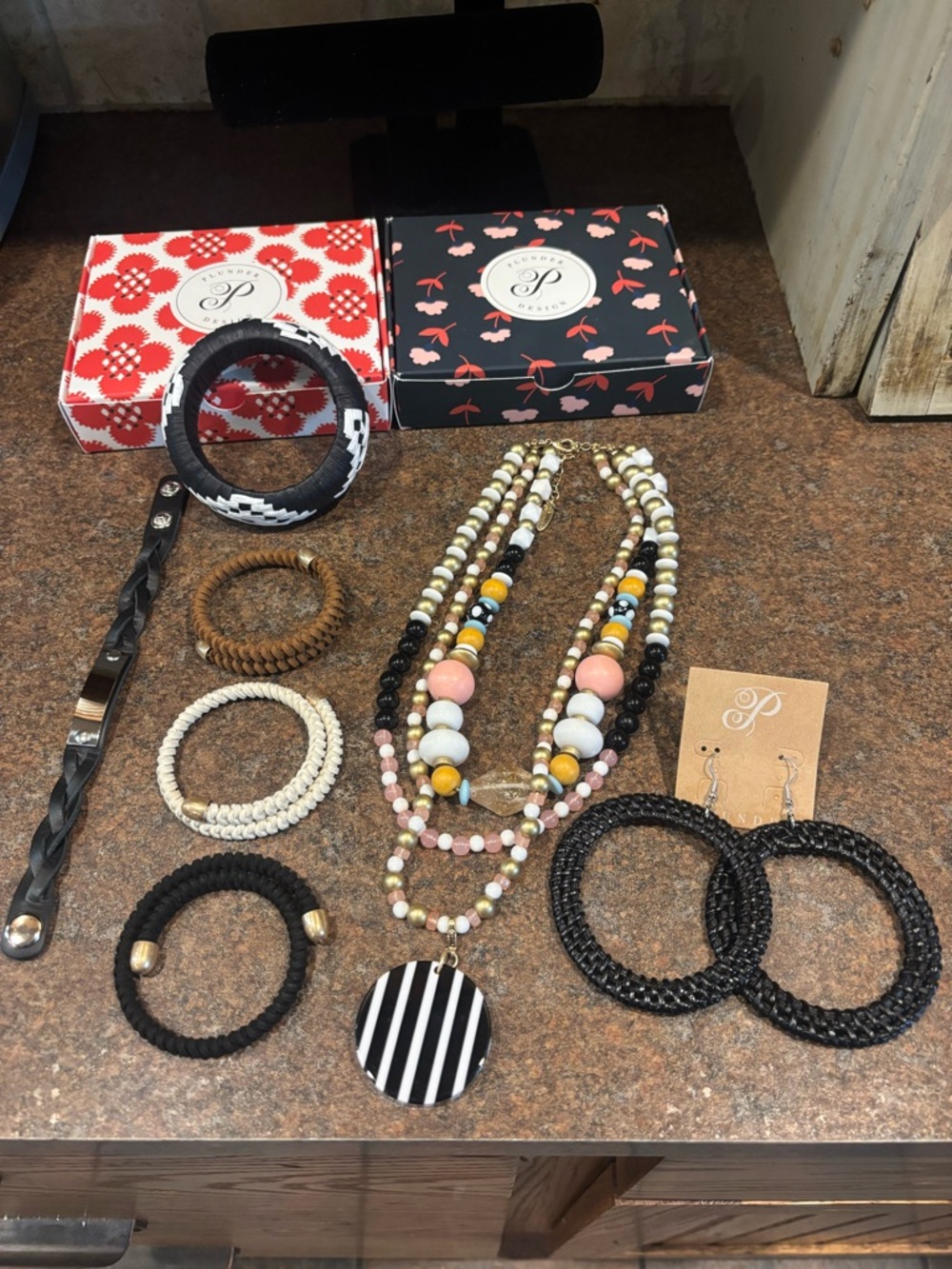 Plunder Striped Pendant Multi-Strand Necklace, earrings, and bracelets